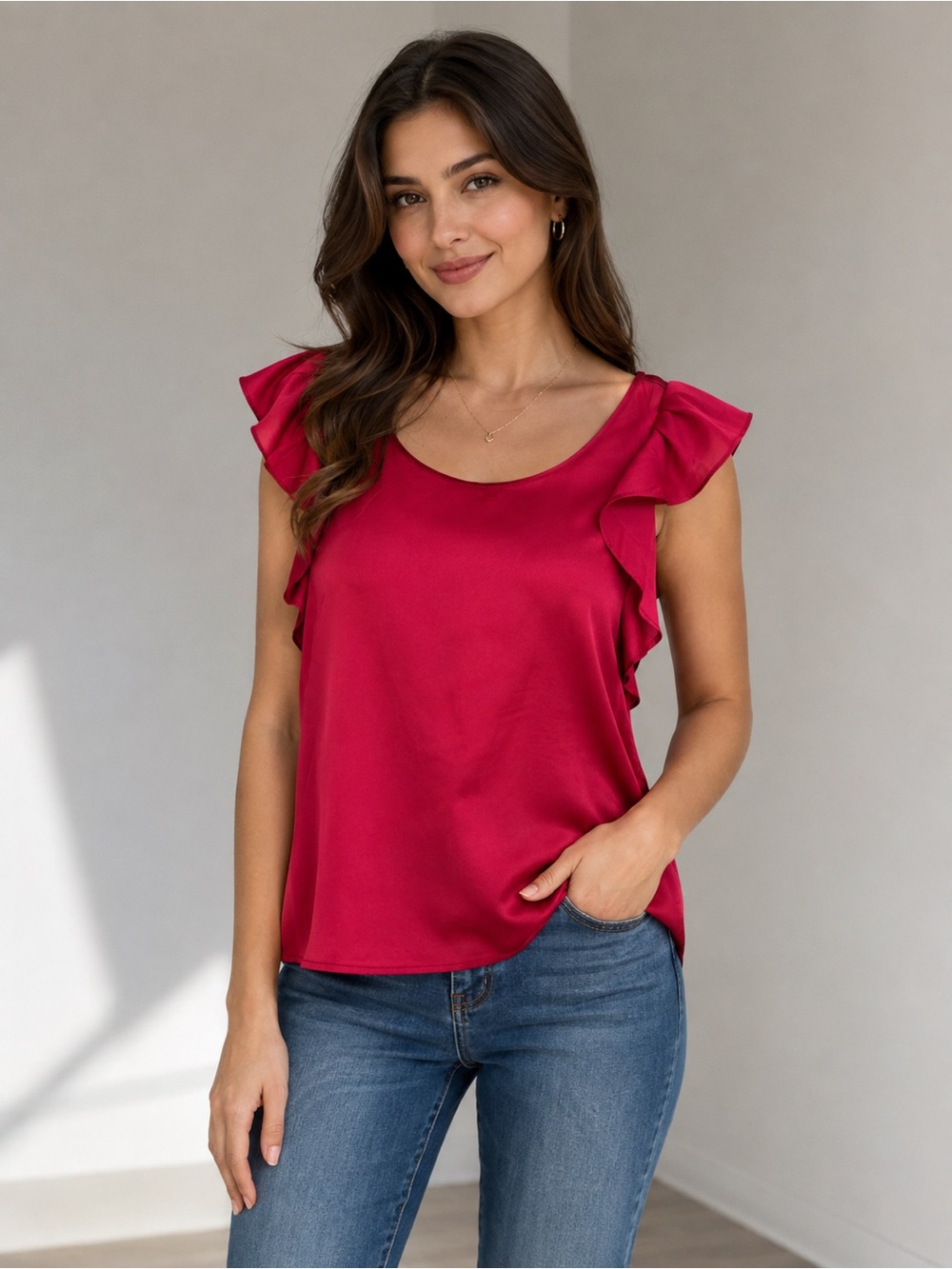 LOFT Raspberry Satin Ruffle Sleeve Tank